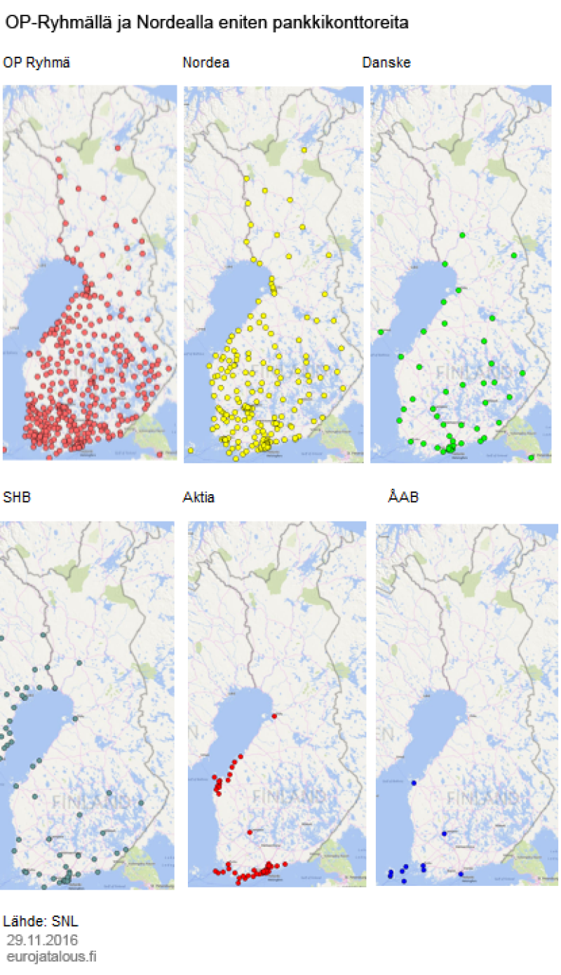 OP Ryhmällä ja Nordealla eniten pankkikonttoreita