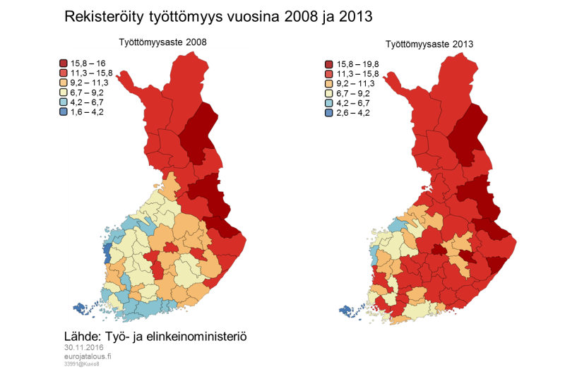 Rekisteröity työttömyys vuosina 2008 ja 2013