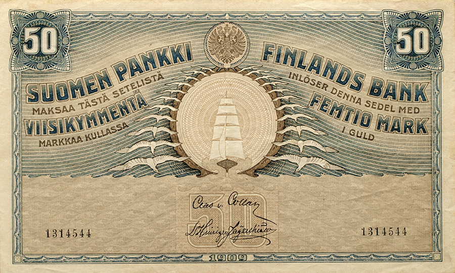Rahasta oli kysymys: Eliel Saarisen suunnittelema 50 markan seteli vuodelta 1909. Kuva: Suomen Pankki. Rahasta oli kysymys: Eliel Saarisen suunnittelema 50 markan seteli vuodelta 1909. Kuva: Suomen Pankki.